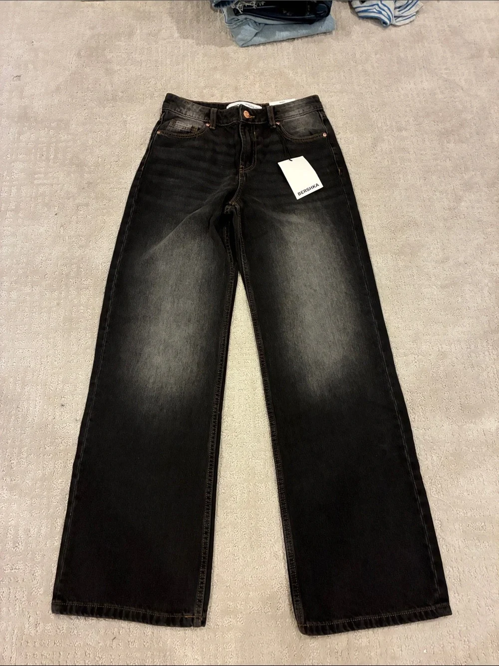 Bershka Black Washed Straight-Leg Jeans